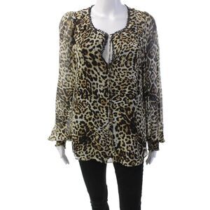 Marchesa Voyage Womens Silk Animal Print Long Sleeve Blouse Top Brown Size 8